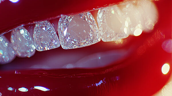 Formation Pose de Bijoux Dentaires - bouche entrouverte, lèvres maquillées de rouge à lèvre brillant, dents ressemblant à des diamants.