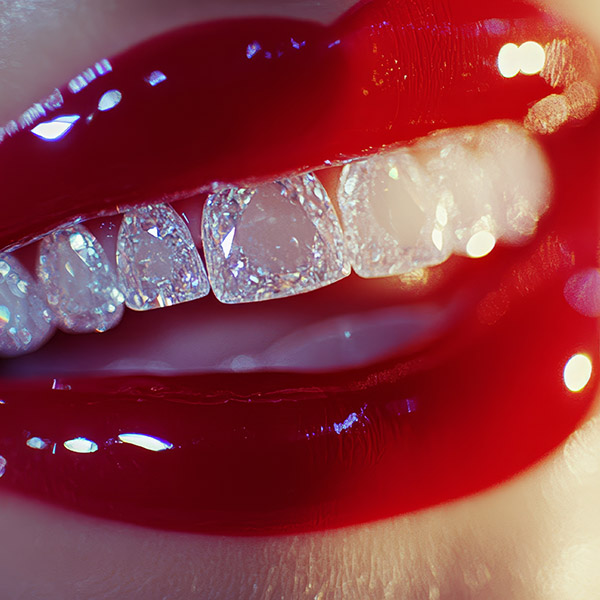 Formation Pose de Bijoux Dentaires - bouche entrouverte, lèvres maquillées de rouge à lèvre brillant, dents ressemblant à des diamants.